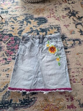 Guess Light Wash Denim Midi Skirt with Yellow & Red Floral Embroidery